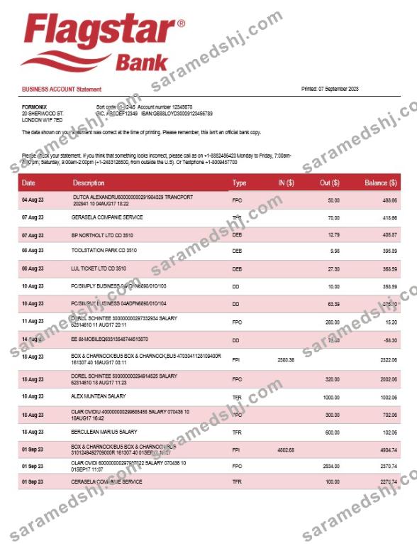 Flagstar Bank organization account statement Word and PDF template